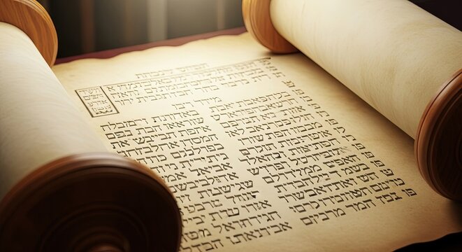 Torah scroll with Hebrew text on wooden rollers illuminated by sunlight  