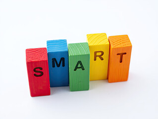 Colorful wooden blocks spelling SMART on a white background concept