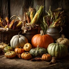 Abundant arrangements of pumpkins gourds Corn