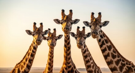 Five curious giraffes gaze directly, patterned necks against a golden savanna sky