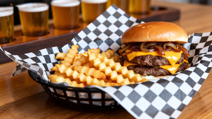 Burger with fries and beer