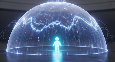 Glowing blue energy shield dome protects a solitary human silhouette protection