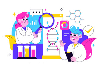 Genetics Testing Illustration Featuring DNA Molecule Structure, Scientific Research, and Laboratory Experiment with Scientists in a Technological