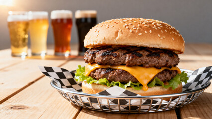 Burger with beer glasses on wooden table