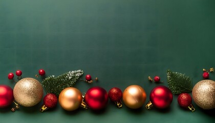 Dark green background gold and red balls at the bottom.