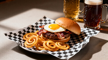 Burger with egg and fries served with beer