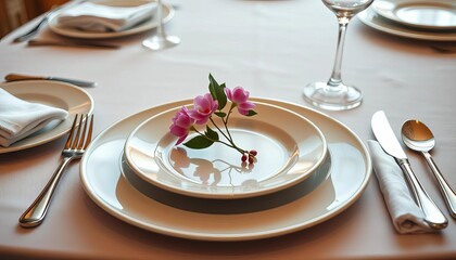 Elegant place setting with plates, cutlery, and napkins,  clean,  overhead