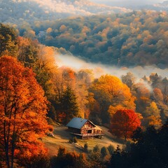 hillside covered with vibrant red, yellow, and orange foliage, with a cozy cabin nestled between the trees and mist rising in the early morning light