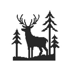 Pixelated silhouette shows majestic deer and evergreen forest trees standing isolated on white