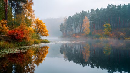 Misty autumn morning over a calm lake colorful reflection