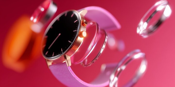 Modern watch design showcases interchangeable bands and vibrant colors in a creative arrangement