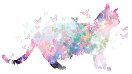 Elegant watercolor cat silhouette filled with vibrant pastel butterflies on a clean background
