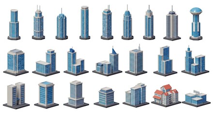 Diverse modern skyscrapers and buildings collection, offering a vibrant cityscape for architectural design, urban planning, and corporate branding projects.