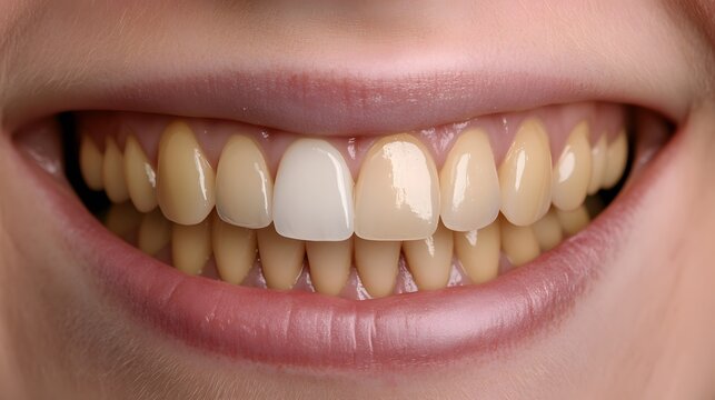 Close-up of a Single White Tooth Among Yellow Teeth