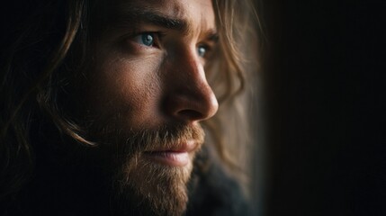 close-up of Jesus in contemplative gaze through window light, soft shadows, peaceful ambiance, copyspace
