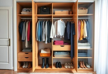 A stylish open wardrobe with neatly organized clothes and accessories, clean, light