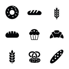Black Icons of Baked Goods and Wheat Stalks on White Background donut bread
