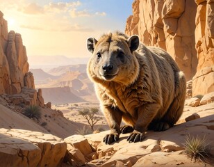 Rock Hyrax Sitting on Rocks in a Desert Landscape with Beautiful Light