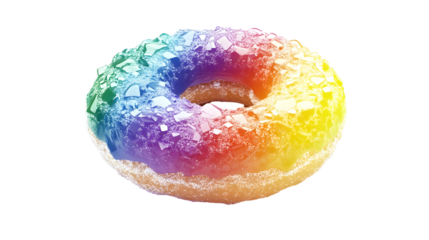 Hyperrealistic rainbow donut with sugar crystals for fun dessert design