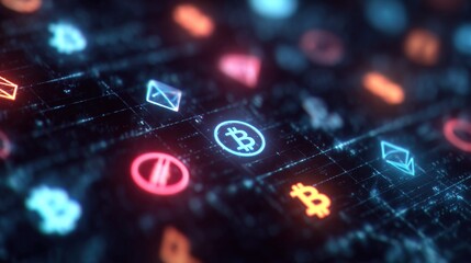 visual representation of cryptoeconomy, floating cryptocurrency symbols in virtual market grid, cinematic neon lighting, copyspace on side