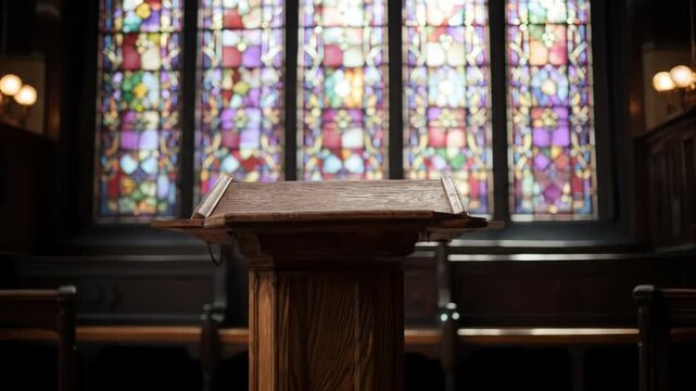 A wooden pulpit stands before a large, ornate stained-glass window with colorful, abstract patterns