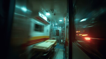 Ambulance interior with motion blur showing a stretcher from a patient's viewpoint, speeding at night and reflecting city lights, conveying emergency, urgency, and medical transport concepts