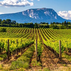 Lush vineyard rows lead to a majestic mountain under a blue sky