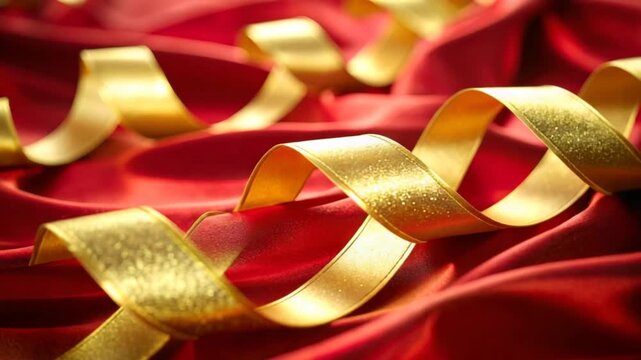 Golden ribbons on red fabric