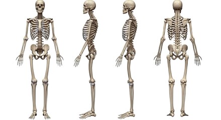 Detailed human skeleton anatomy presented front, side, and back views for medical education, scientific research, and anatomical study