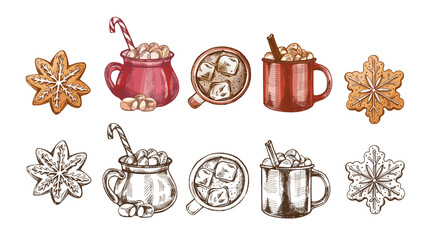 Hand drawn vintage sketch set of festive cocoa mugs with marshmallows and gingerbread cookies in color and monochrome version