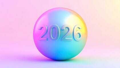 Vibrant 2026 text on rainbow gradient sphere with pastel background.