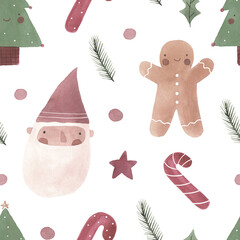 Cute watercolor Christmas pattern. Christmas decorations and characters. Watercolor elements 