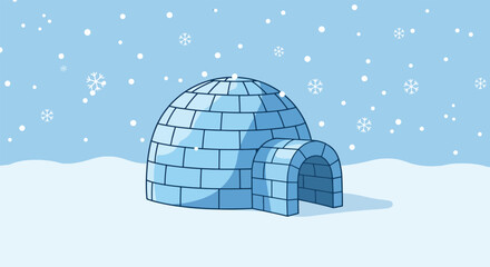 A charming cartoon igloo nestled in a snowy landscape with falling snowflakes.