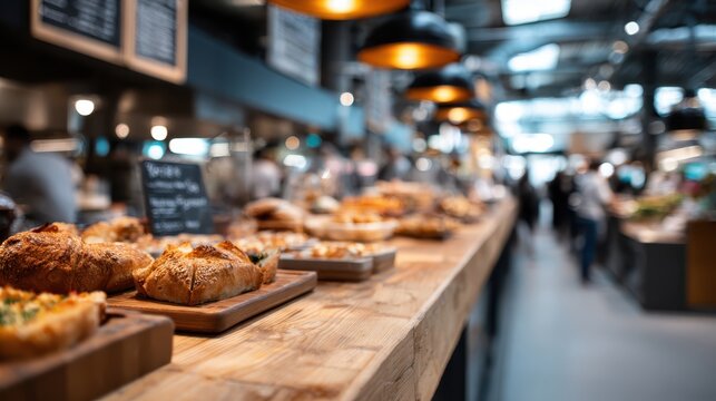 Freshly baked bread and pastries presenting a tempting display on a rustic wooden counter inside a vibrant, bustling gourmet food market bakery with blurry shoppers