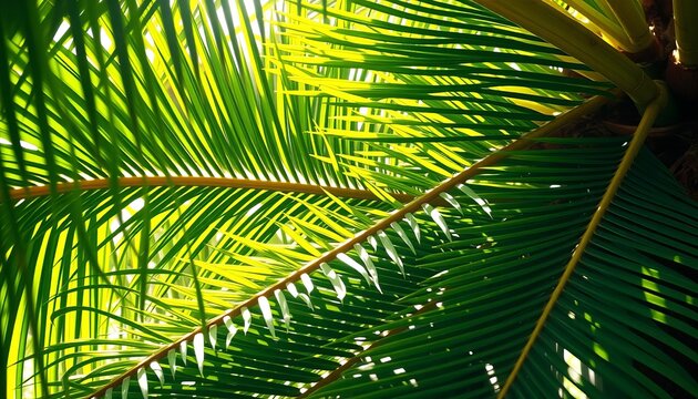 Fronds of a palm tree, lush green, sunlight dappled,   ocean,  texture