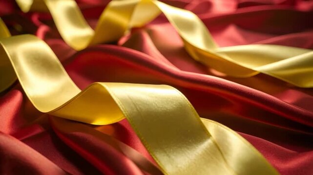 Golden ribbons on red silk fabric