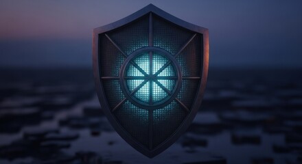 Futuristic metal shield with a bright blue glowing radial pattern on a dark setting