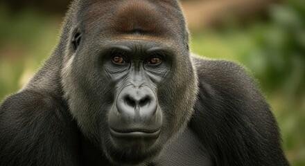 Obraz premium Frontal close-up of a majestic adult gorilla with captivating amber eyes gazing directly