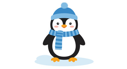 Adorable cartoon penguin wearing a blue knitted hat and scarf.