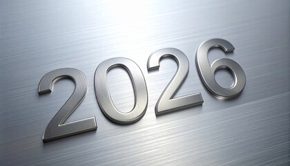 Metallic silver 2026 text embossed on brushed steel background.