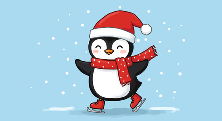 Adorable cartoon penguin wearing a Santa hat and scarf ice skating joyfully.