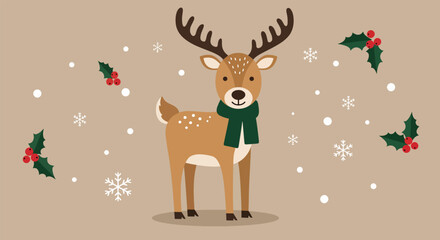 Adorable cartoon reindeer wearing a green scarf surrounded by snowflakes and holly.