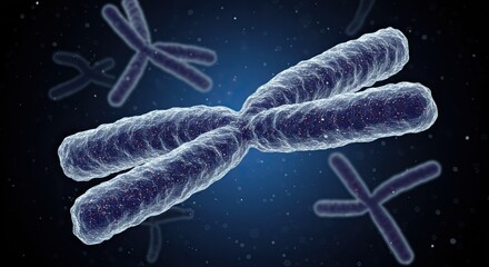 Intricate microscopic view of a duplicated chromosome revealing its complex DNA structure, a fundamental element in genetics and cellular biology research.