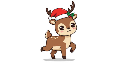 Adorable cartoon reindeer wearing a Santa hat ready for Christmas festivities.