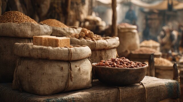 ancient economic system in Mesopotamian marketplace, clay tablets and grain-based trade, cinematic realism, copyspace left