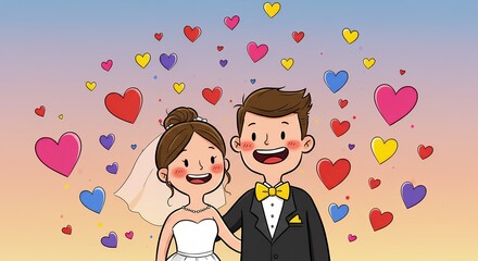 Animated couple celebrating marriage with hearts floating above in cartoon illustration