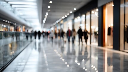 Blurred crowd moving through a brightly lit shopping mall corridor, shoppers passing glowing store windows and reflective floors, capturing fast paced urban retail energy