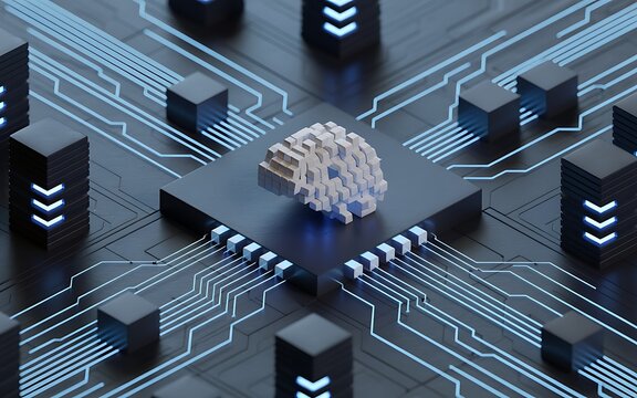 A stylized 3d representation of a digital brain rests upon a computer processing chip with digital data pathways and neon accents.
