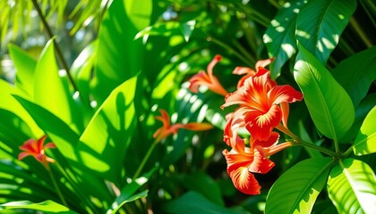 Lush green tropical foliage, vibrant flowers, sunlight dappled leaves,  wallpaper,  environment