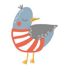 Funny seagull in a red striped shirt, whimsical doodle style illustration. Isolated design element on white background, hand-drawn artwork. Perfect for children’s, nautical, and nature-themed projects